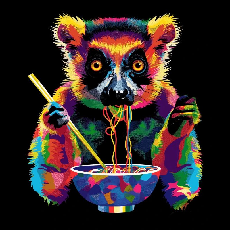 Lemur mit Ringelschwanz isst Ramen-Nudeln Popart