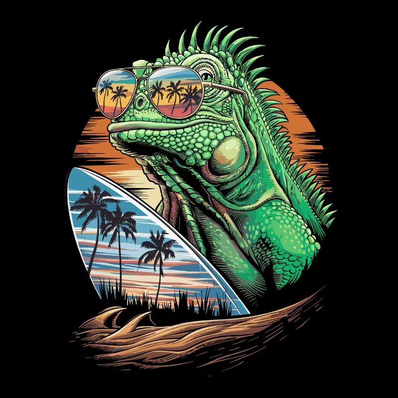 Cool lizard summer with wave and palm trees