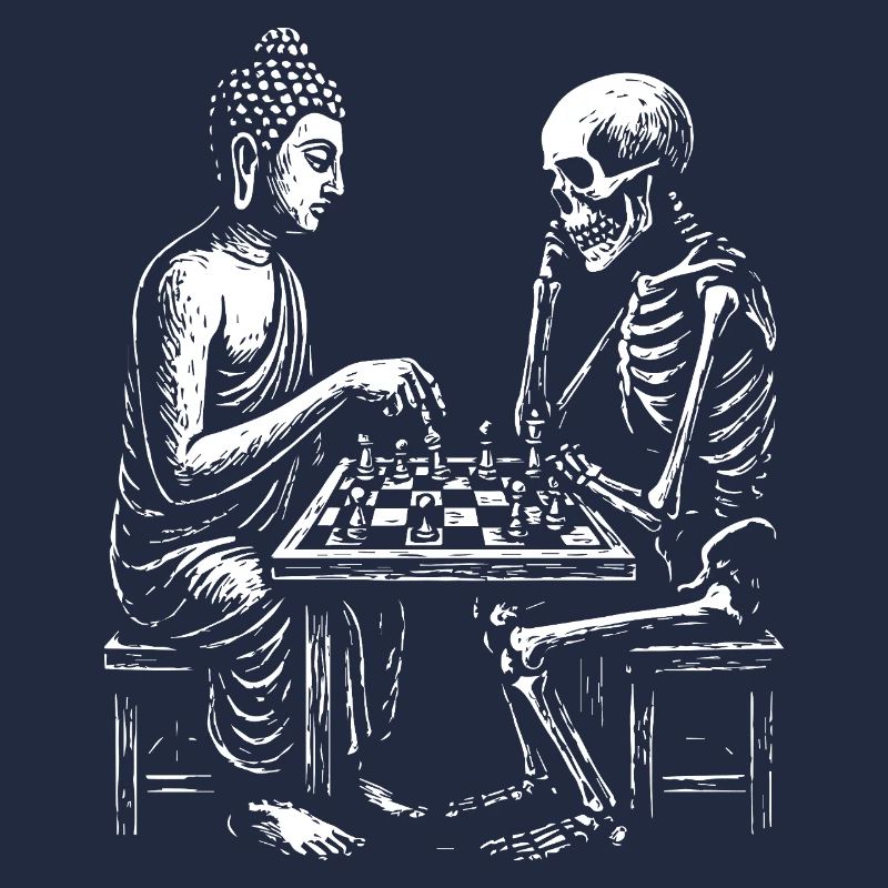 Conception de la rencontre entre Bouddha et squelette aux échecs