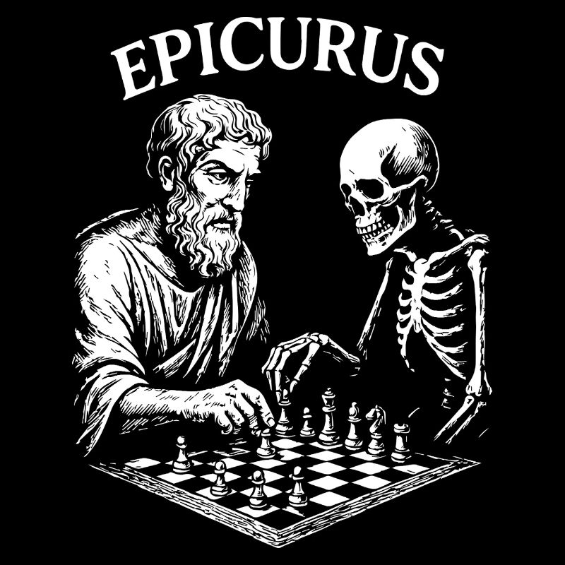 Épicure jouant aux échecs avec un squelette