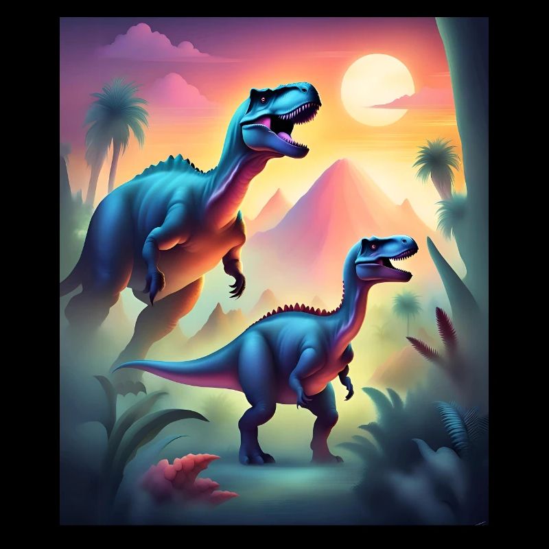Epic colorful dinosaurs and sunset