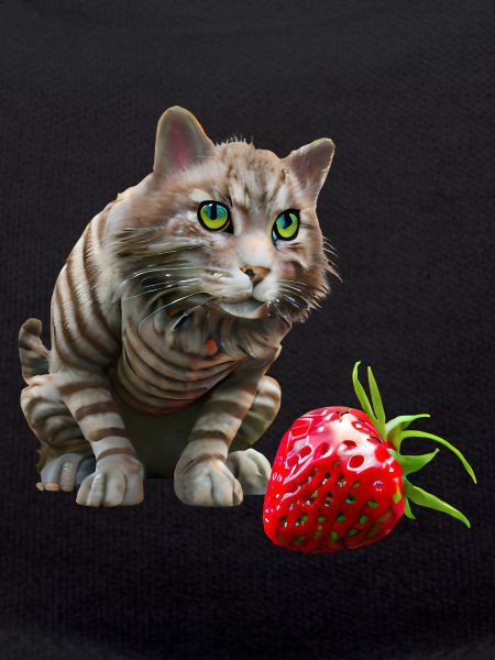 Chat devant une fraise géante