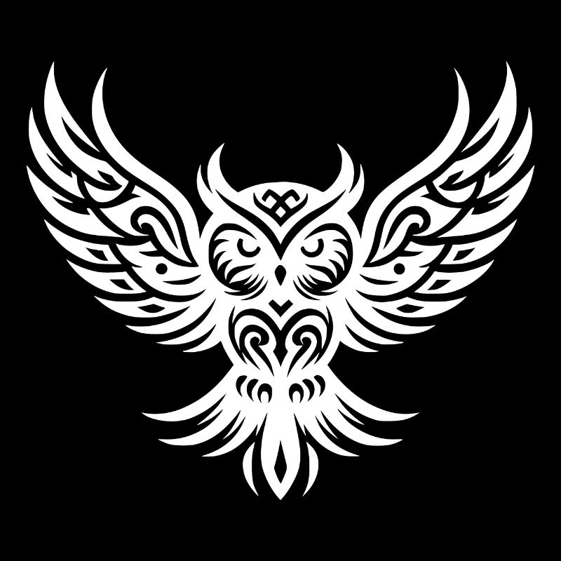 Owl on wide wings in tattoo wing style