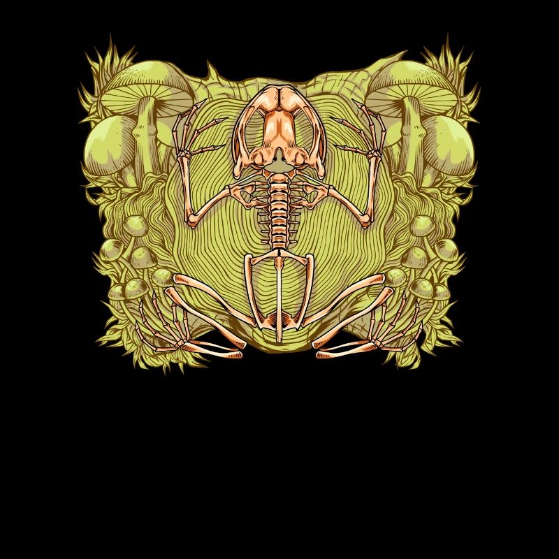 Frog skeleton between mushrooms