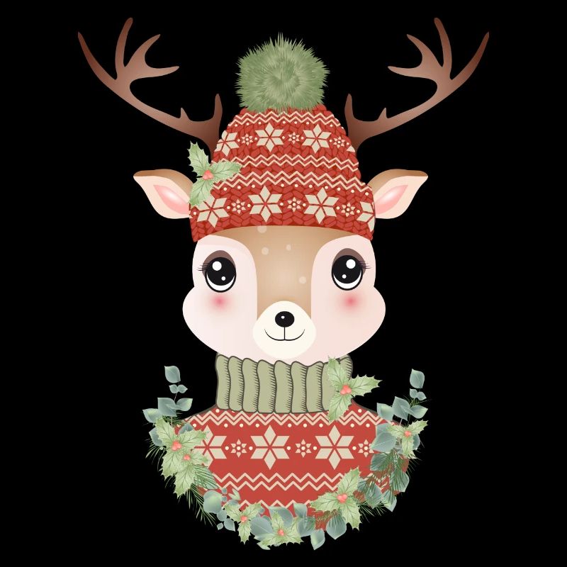 niedlicher Hirsch mit Pullover,Bommelmütze & Kranz