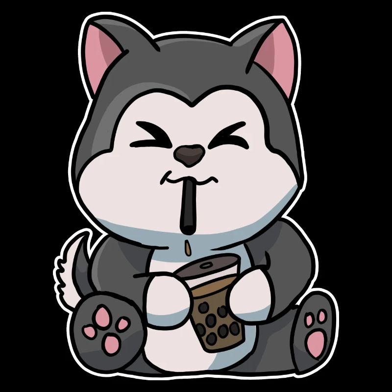 Anime Kawaii Bubble Tea Drinking Husky Hand Drawn
