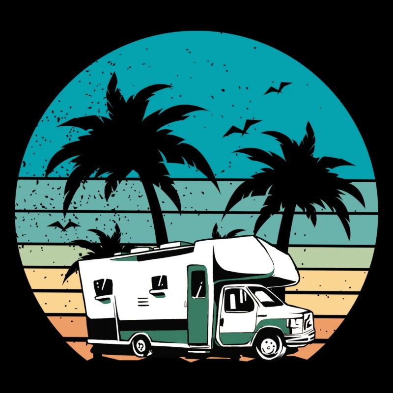 Camping - Camping-car devant les palmiers au coucher du soleil