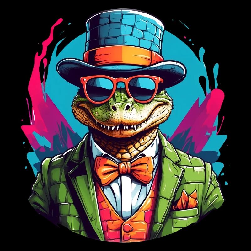 Colorful alligator crocodile with sunglasses and hat