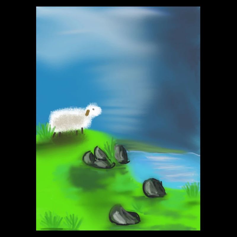 Mouton sur des rochers devant l’eau