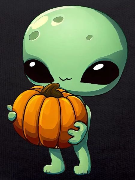 Alien vert avec citrouille d’Halloween