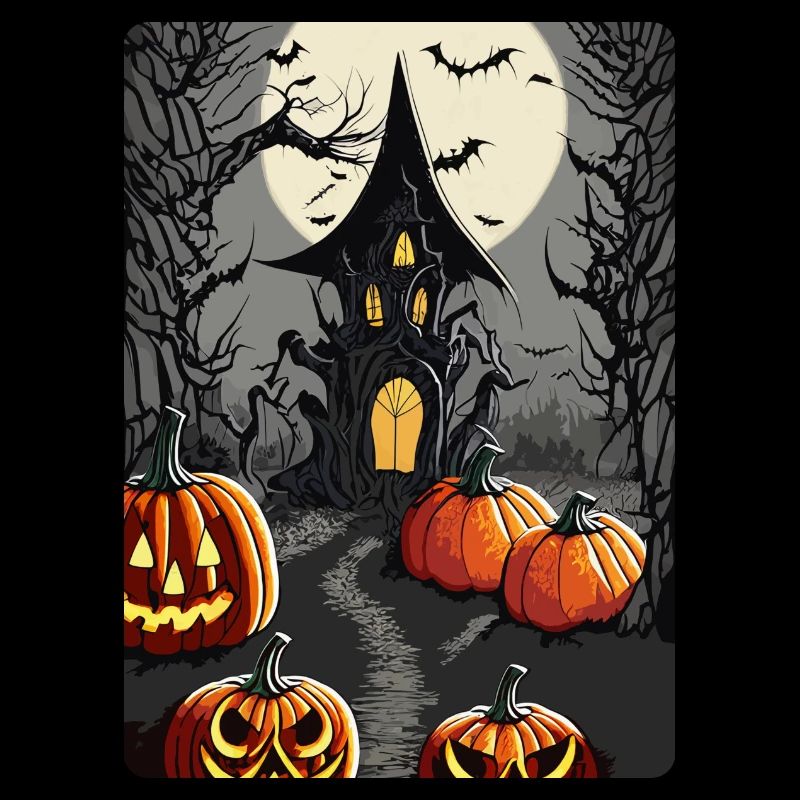 Scary Castle with Bats and Halloween Pumpkins