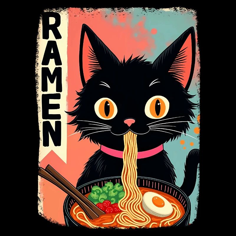 schwarze Anime Katze isst Ramen-Nudeln