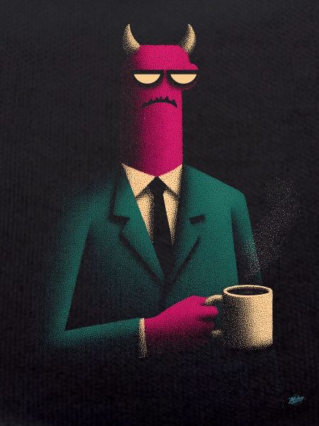 Demon in suit with coffee