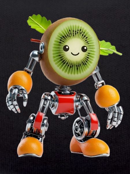 Kiwi Fruit Robot with Chrome Limbs