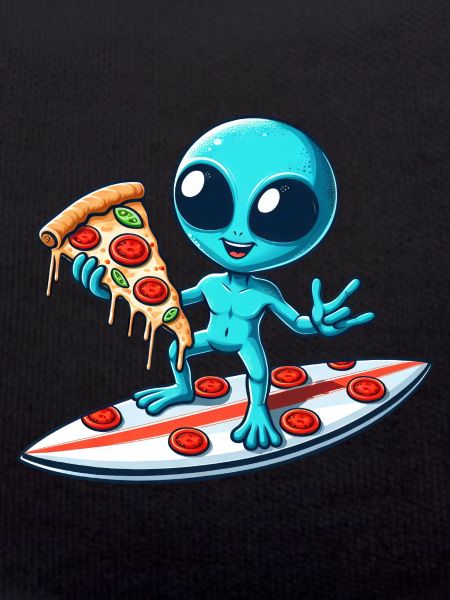 Cooler Alien Surfer mit Pizza