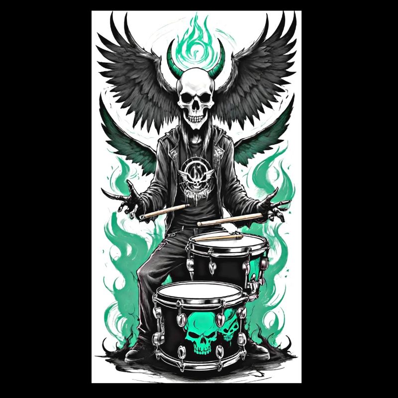 Skull Metal Drummer Green Flames
