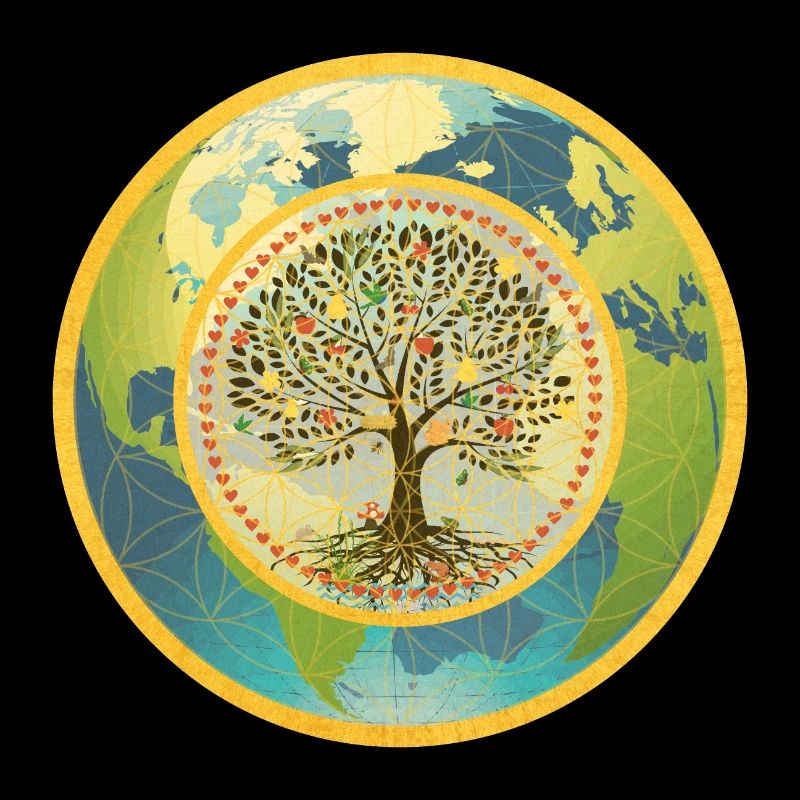 Arbre et fleur de vie sur le bord doré de la planète Terre