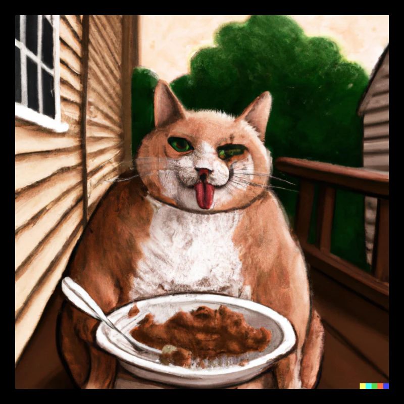 Cat with tongue outstretched eats on balcony