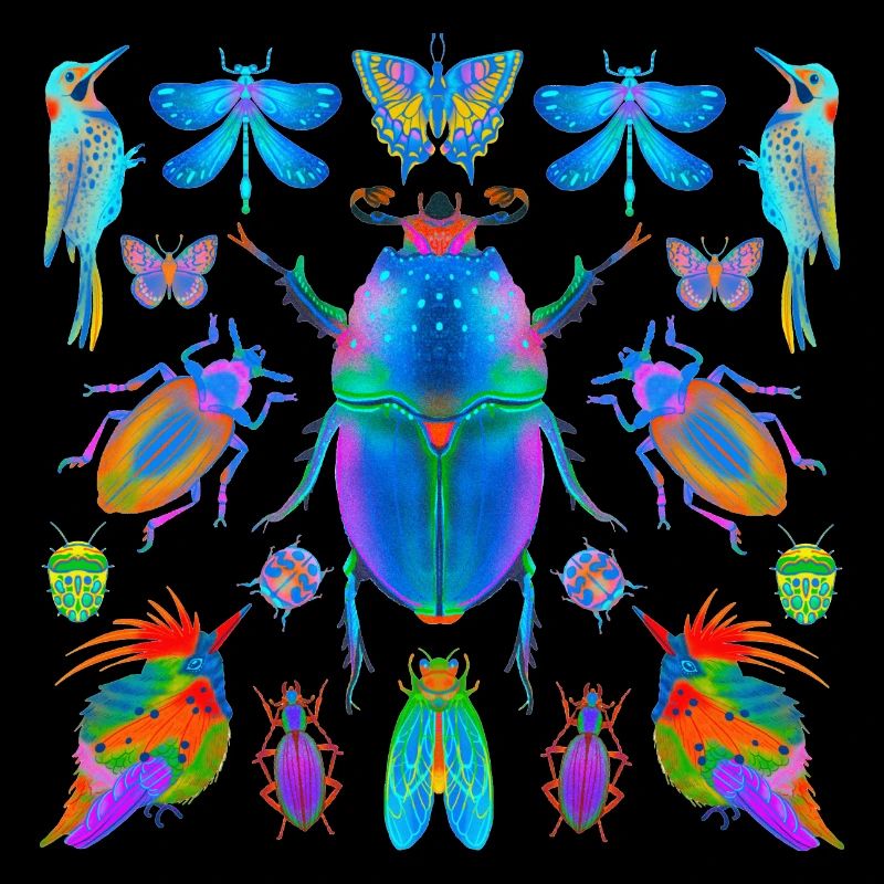 colorful bugs, insects and birds
