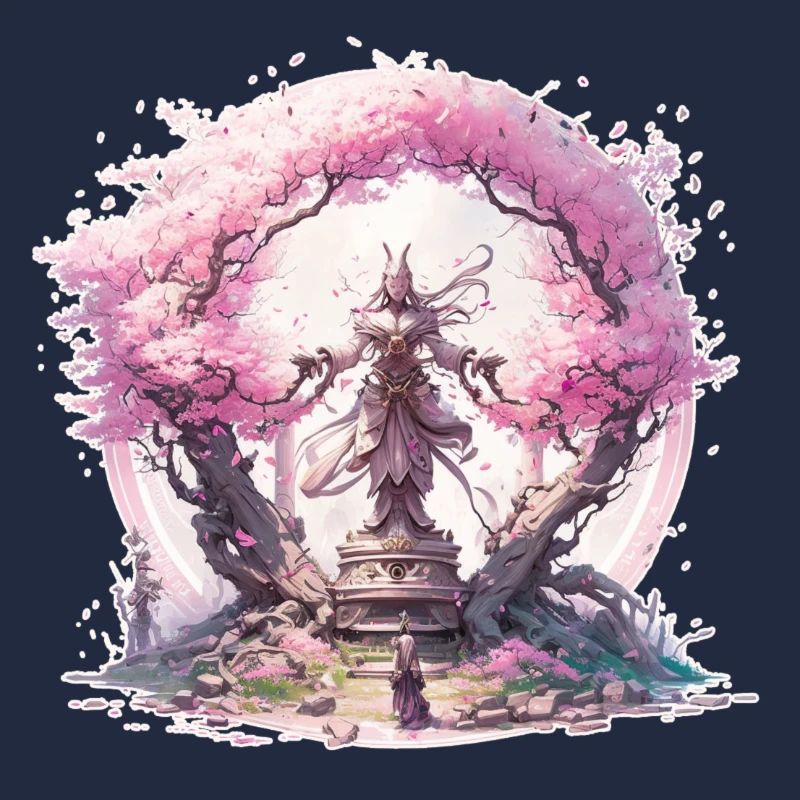 Statue under a cherry blossom tree