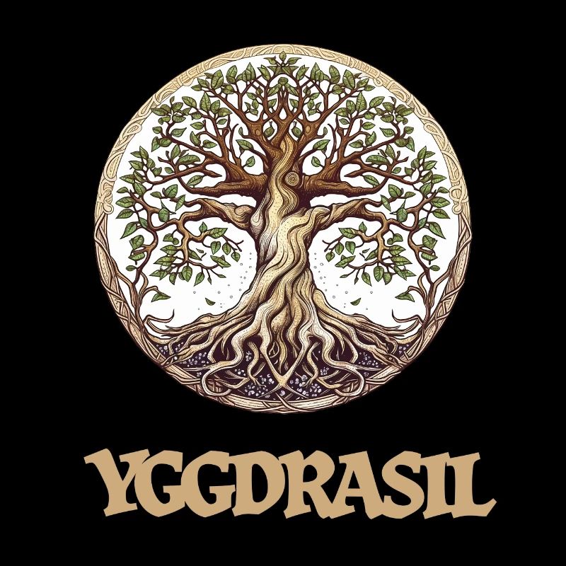 The large ash tree Yggdrasil, world tree with writing