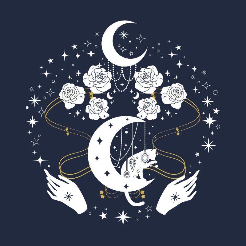 Magic cat with moon and flowers