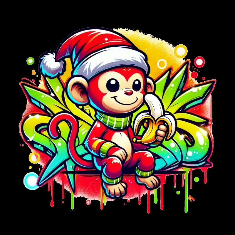 Singe avec chapeau de Père Noël mangeant banane Noël