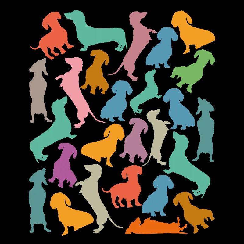 Patterns of many colorful dachshunds