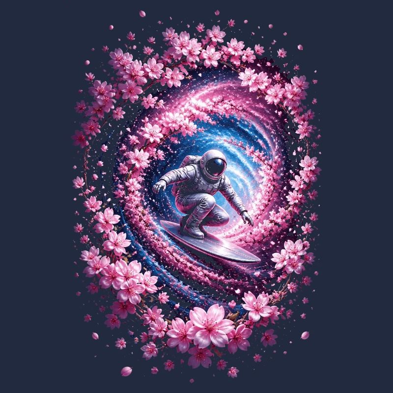 Astronaute surf dans un vortex, fleurs de cerisier