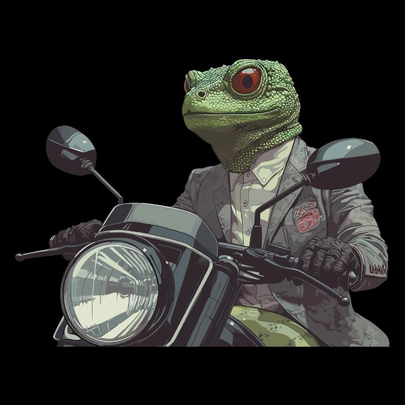 A well Dressed Green Reptile on a Motorcycle