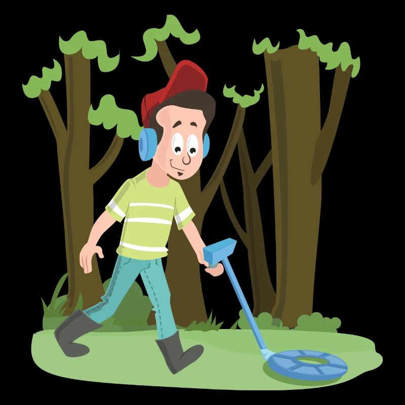 Chasseur de trésors avec détecteur de métaux navigue dans la forêt