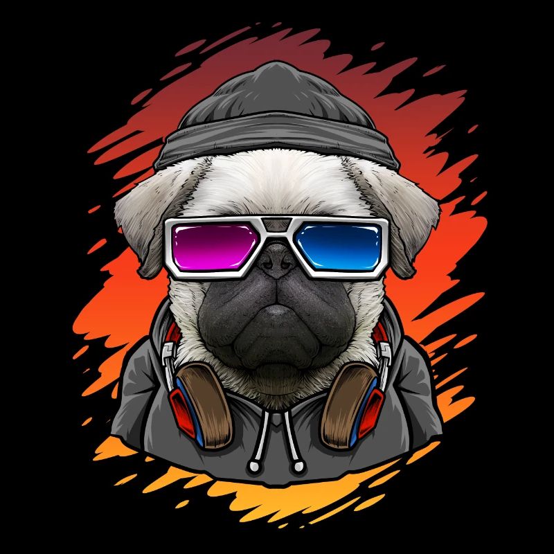 Hund Mops mit Musik DJ