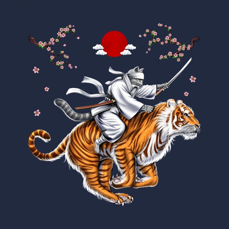 Japanese Cat Samurai Ninja Riding Tiger