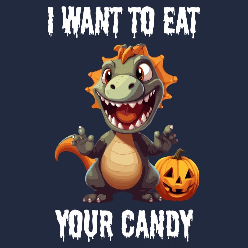 Hungry dinosaur celebrates Halloween with candy