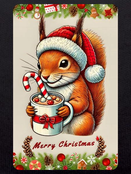Weihnachts-Eichhörnchen mit heißer Schokolade