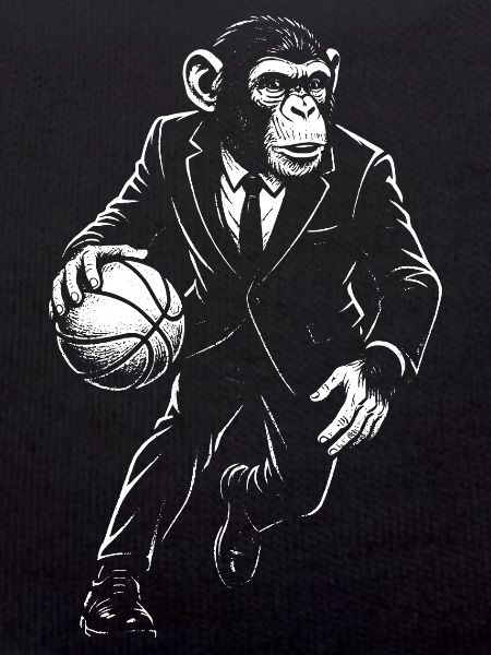 Suited Ape playing basketball