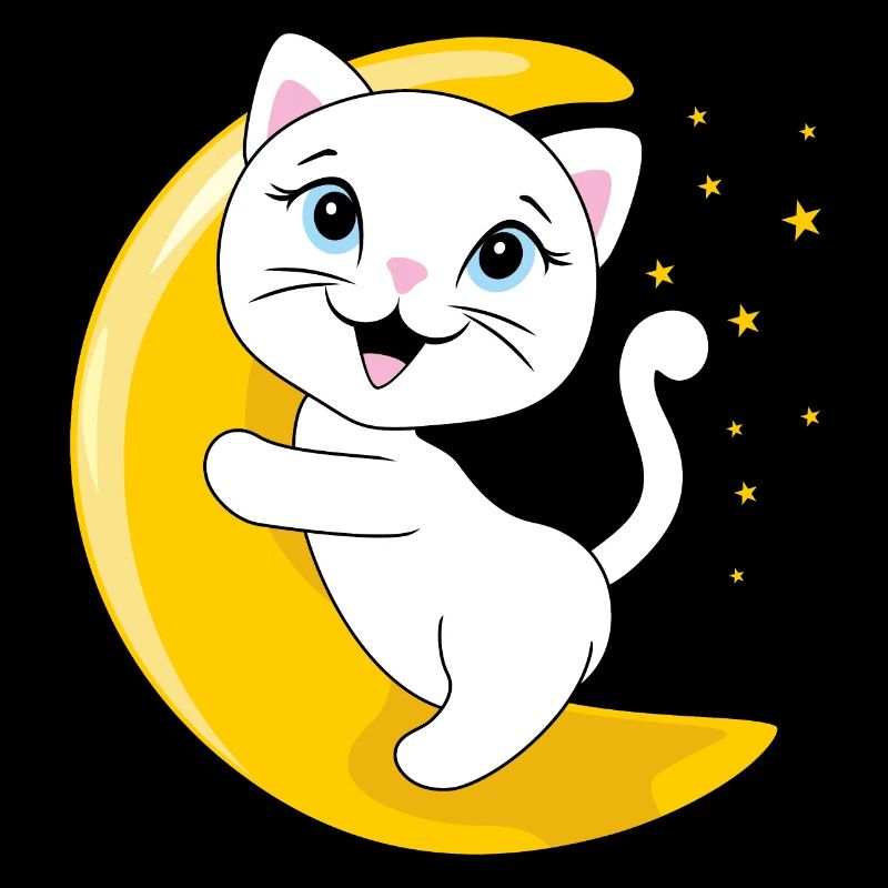 Chat blanc souriant assis sur la lune