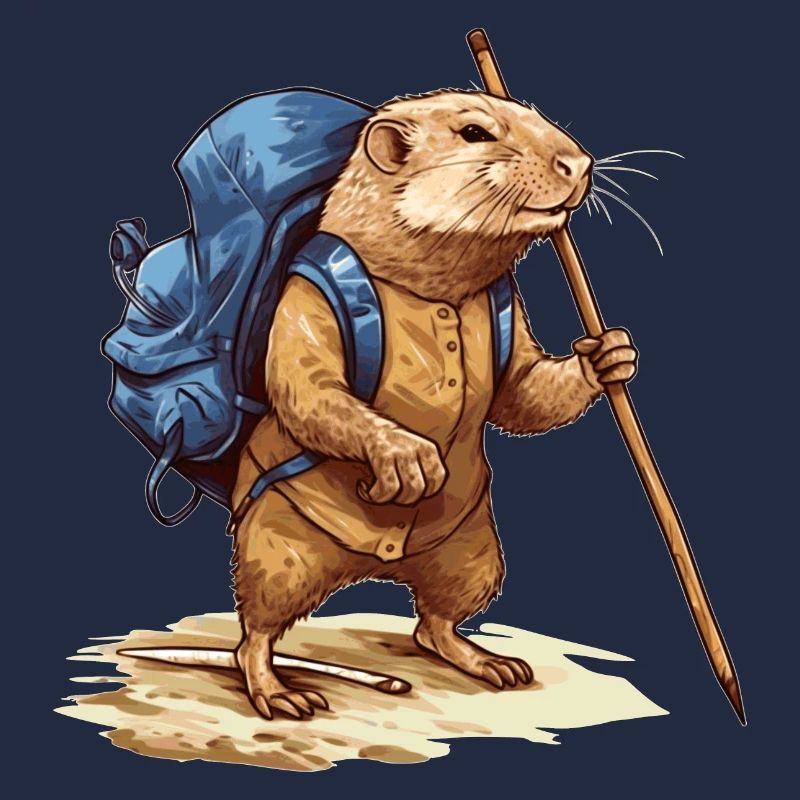 Mole rat with backpack and walking stick
