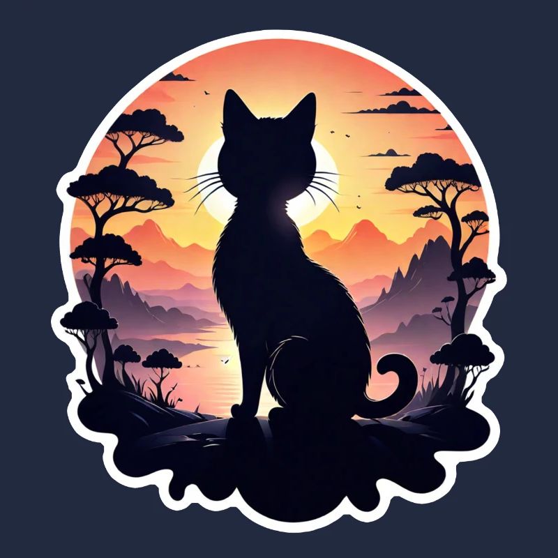chat paysage et coucher de soleil