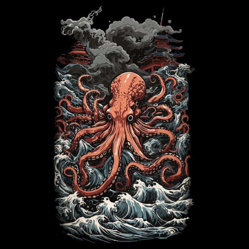 Ukiyo-E Art Style Octopus Deep Sea Magic and Sea