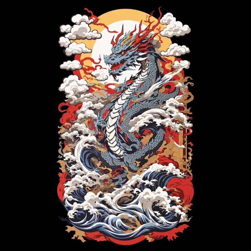 Ukiyo-E Style Dragon Asiatique Design Rétro