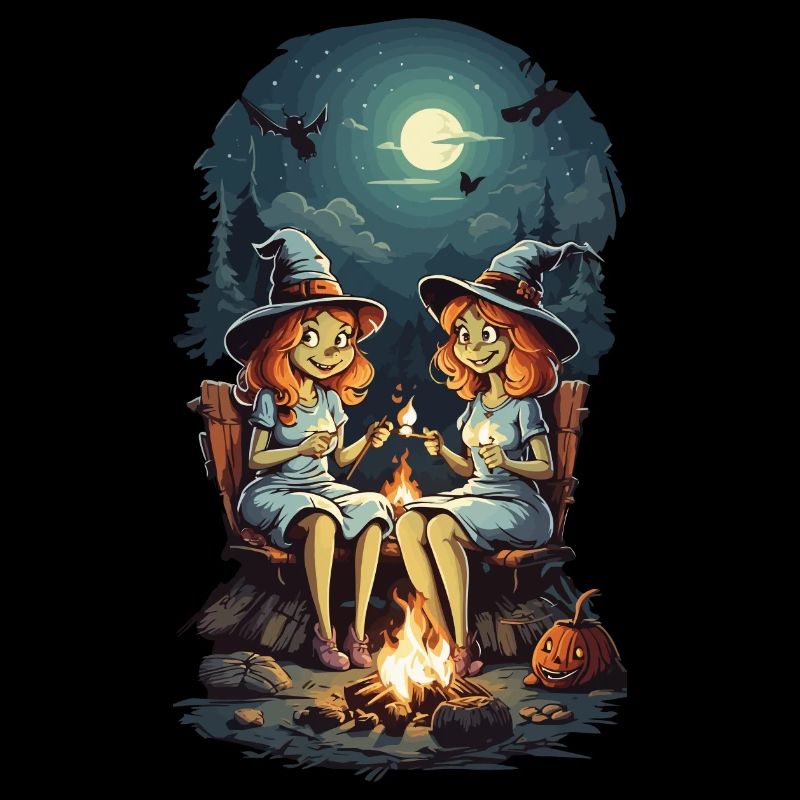 Funny Witches Spell Campfire Halloween Cartoon