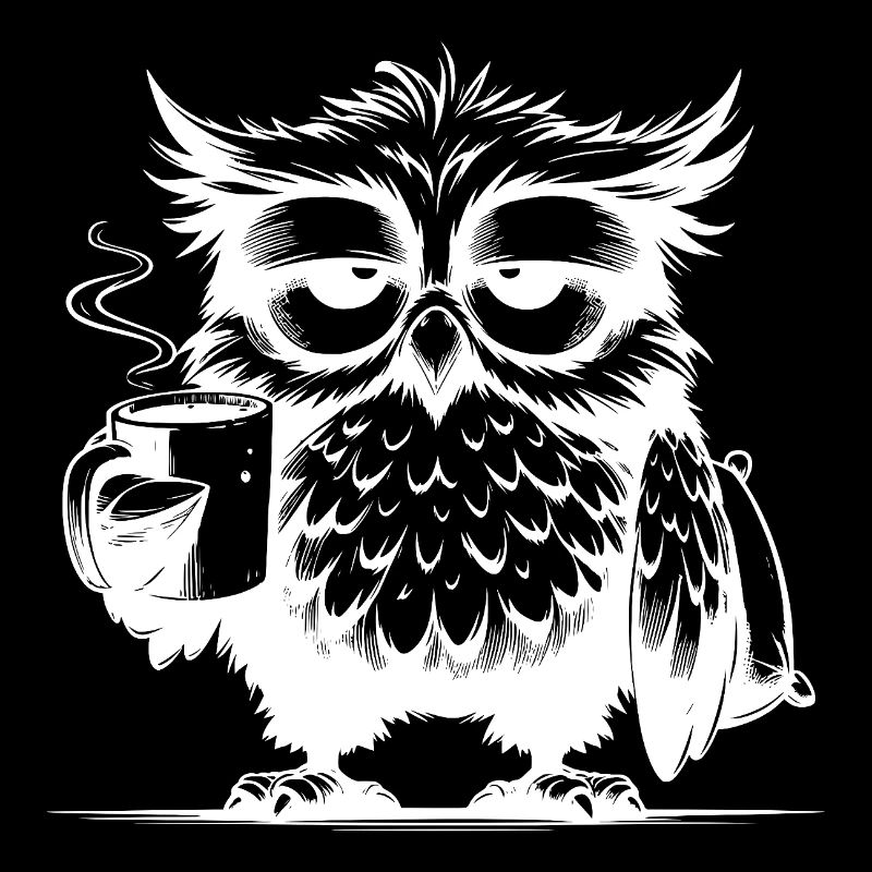 Funny Tired Comic Owl with Coffee Deficit