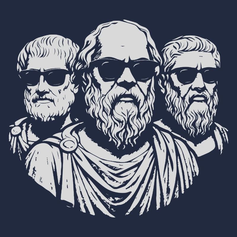 Socrates, Aristotle and Plato with black glasses