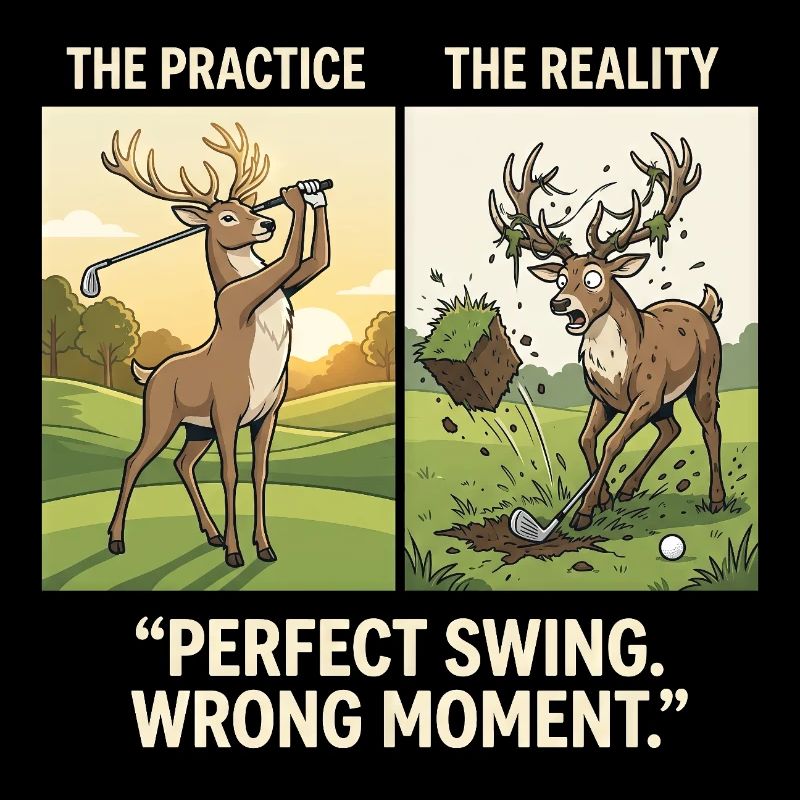Swing parfait, mauvais moment, cerf, golf drôle.
