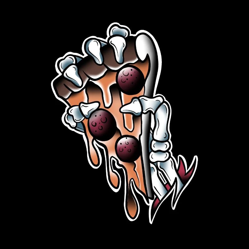 Main squelette Pizza chorizo old-school tattoo art