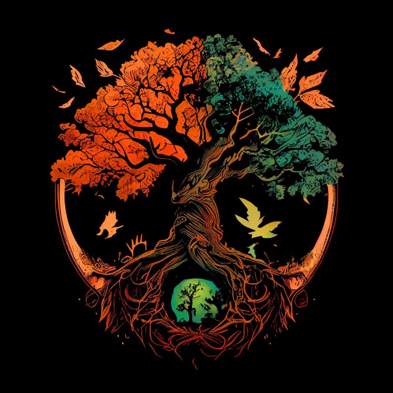 Mythical Yggdrasil the World Tree green, orange