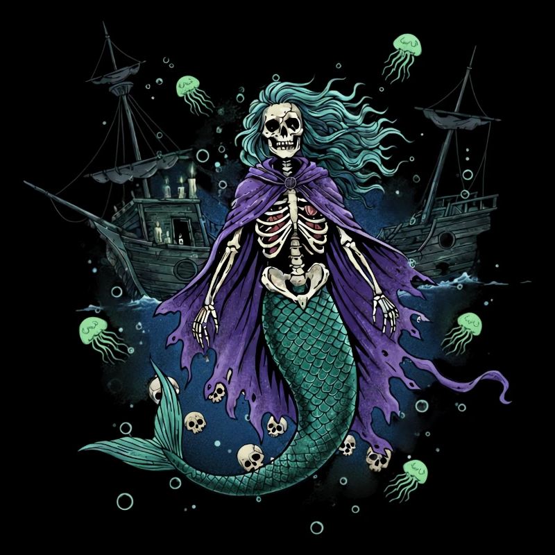 Skeleton Mermaid with Ghost Ship