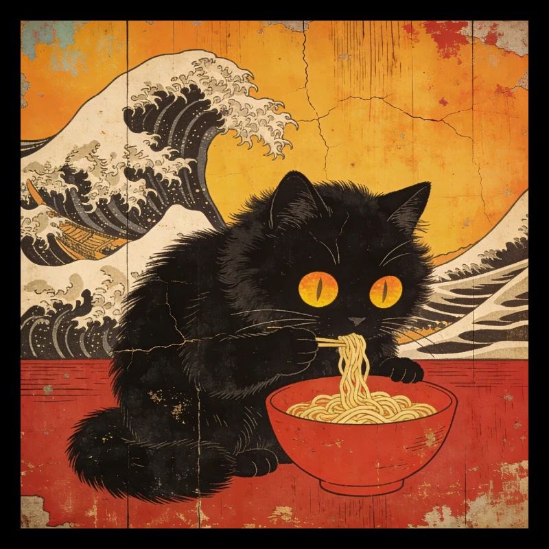 Japan Cat Ramen Noodles Retro Wave Pattern