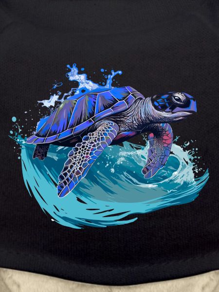 Sea turtle surfing on wave